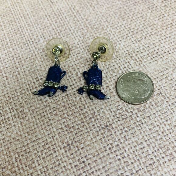 Blue Enamel Crystal Cowboy Boot Dangle Earrings - Picture 1 of 2